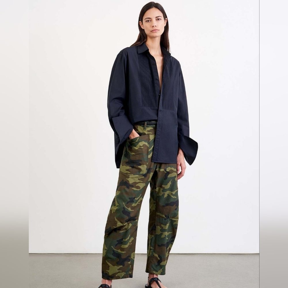 Nili Lotan Shon Pant Barrel Leg Carpenter 6 dark Camo $475 Green camouflage
